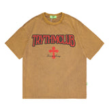 Men T Shirt High Street Print Worn Looking Washed-out Short Sleeve T-shirt Men and Women Loose