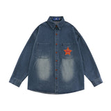 Men Long Sleeved T Shirt Personality Five-Pointed Star Embroidered Pocket Denim Shirt Men's Spring and Autumn Loose Casual