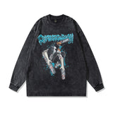 Men Long Sleeve Shirt Dark Retro Washed Long Sleeve T-shirt Men Hip Hop