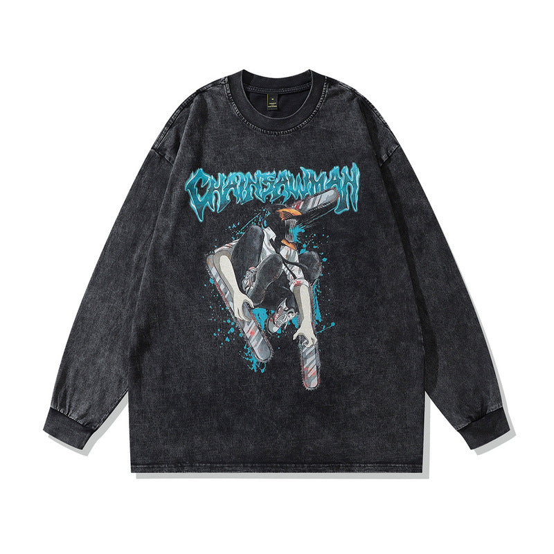 Men Long Sleeve Shirt Dark Printed Washed Distressed Long Sleeve T-shirt Men Hip Hop