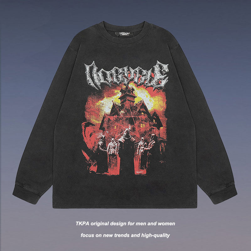Men Long Sleeve Shirt Washed Long Sleeve Bottoming T-shirt Men's and Women's Ins Fashion Brand