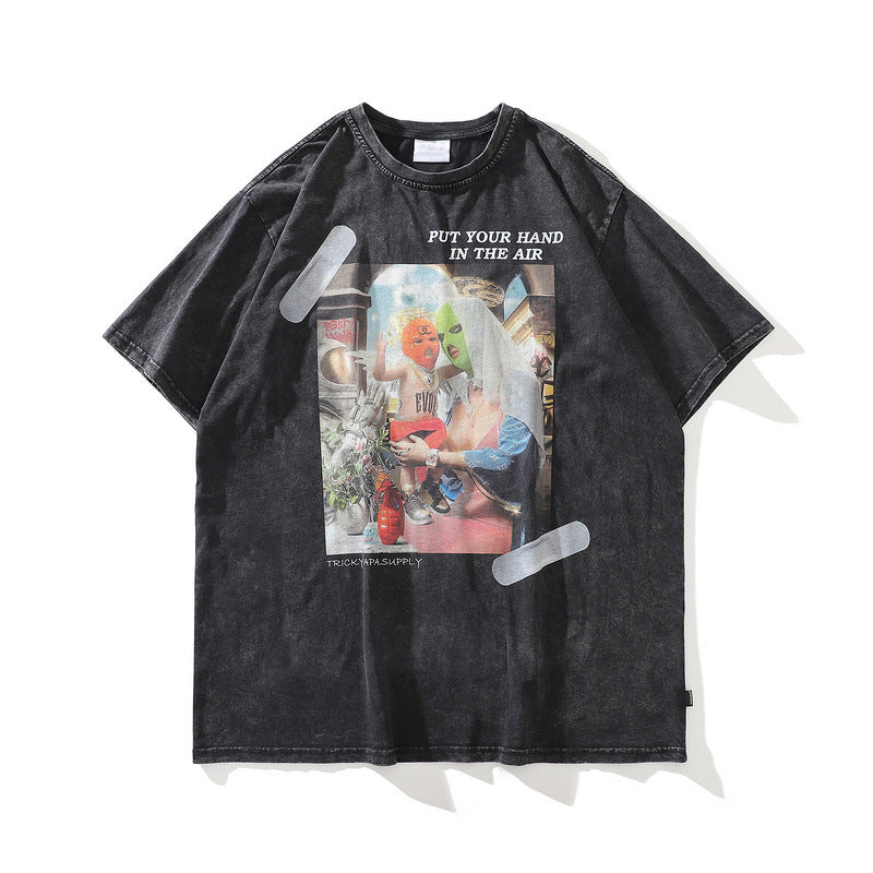 Men T Shirt Printed Short-Sleeved T-shirt Loose Washed-out Distressed
