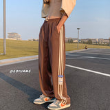 Men Sweatpants Striped Sports Trousers Loose Straight Wide Leg