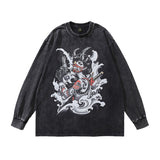 Men Long Sleeve Shirt Anime Print Washed Small Neckline Long Sleeve T-shirt for Men and Women