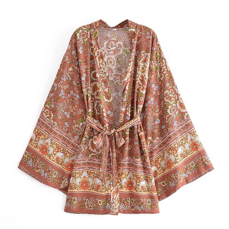 Women T-Shirt Spring Printed Cardigan Long Sleeve Belt Top