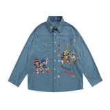 Men Long Sleeved T Shirt Cartoon Embroidered Long Sleeve Shirt Loose Casual Street Trendy