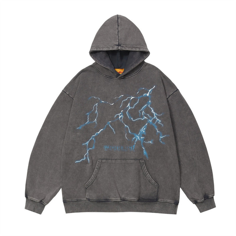 Men Hoodie Lightning Print Sweater Pullover Loose Autumn Washed and Worn Hoodie Fashion Brand Hip Hop