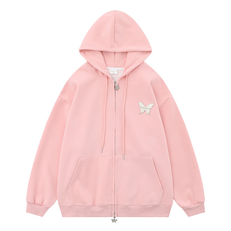 Men Hoodie Butterfly Printed Hoodie Men's Two-Way Zipper Cardigan Sweater Spring and Autumn
