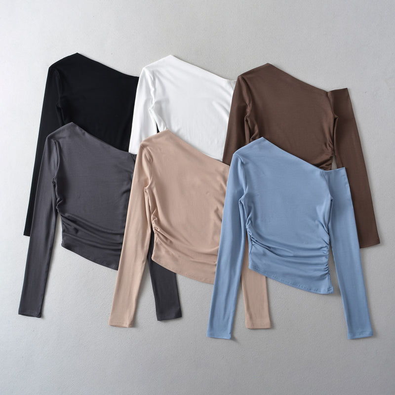 Women's T-Shirt Long-Sleeved T-shirt Women's Autumn Slim-Fit Pleated Bottoming Shirt Top