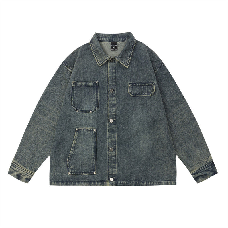 Men Denim Jacket Men's Loose Solid Color Washed Autumn Long Sleeve