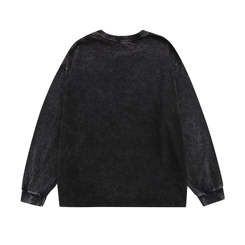 Men Long Sleeve Shirt Cartoon Printed Washed Distressed Long Sleeve T-shirt Men and Women Autumn Idle Style