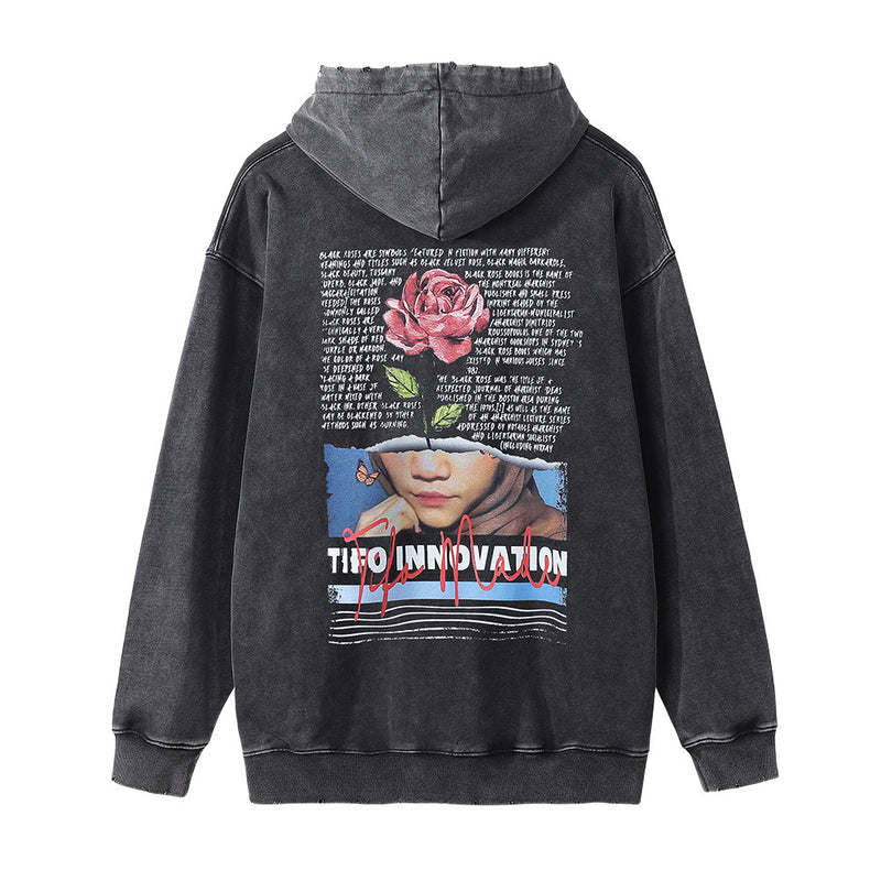 Men Hoodie Rose Printed Hood Sweater Men's Loose Washed-out Distressed Hoodie