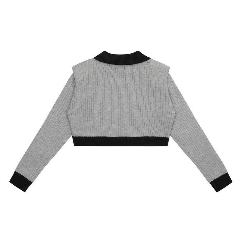 Women Sweater Color Block Short Casual Autumn Long Sleeve Top