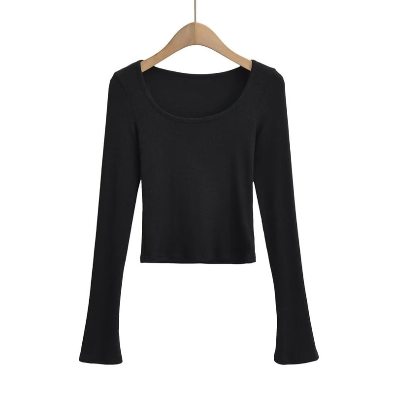 Women T-Shirt T-shirt Top Spring Bottoming Square-Cut Collar Slimming Long Sleeve