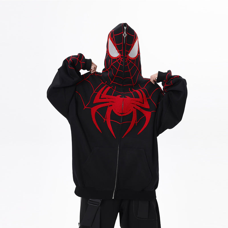 Men Hoodie Spider-Man Embroidered Masked Hooded Sweatshirt Sports Zipper Cardigan Outerwear