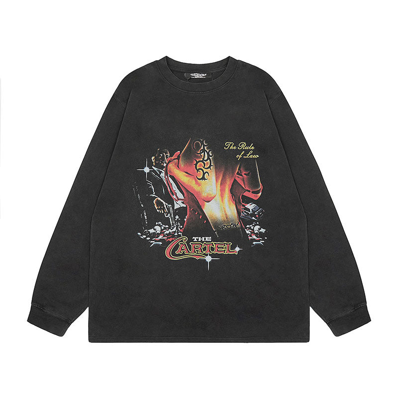 Men Long Sleeve Shirt Printed Heavy Washed Long Sleeve Bottoming T-shirt Men and Women Ins