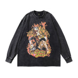 Men Long Sleeve Shirt Anime Print Washed Long Sleeve T-shirt Men and Women Hip Hop