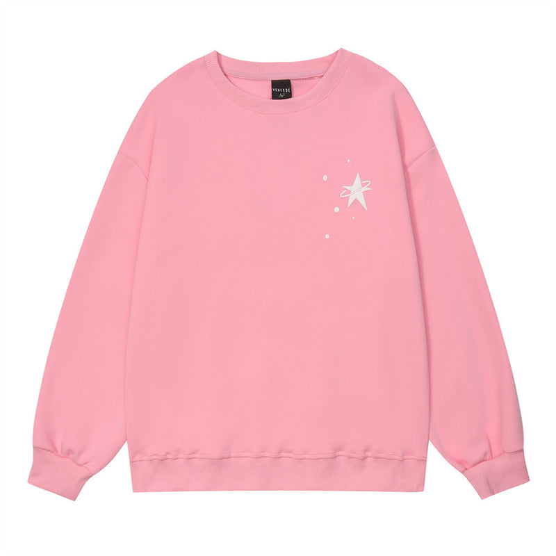 Men Hoodie Pentagram Puff Print round Neck Loose Sweatshirt