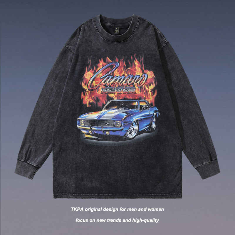 Men Long Sleeve Shirt Racing Printed Washed and Worn Long Sleeve T-shirt Men and Women Couple