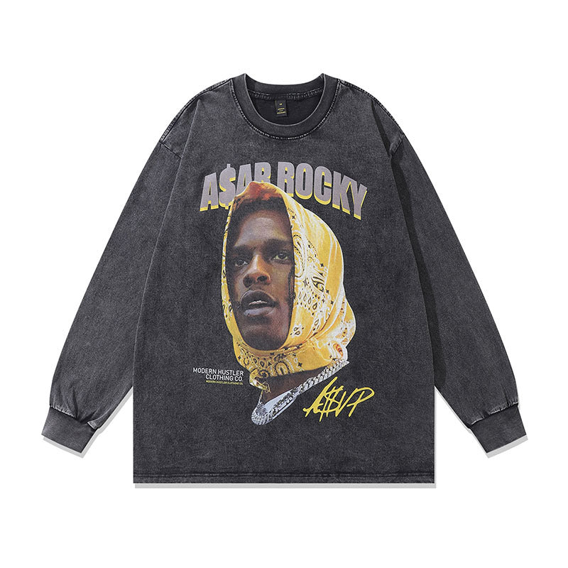 Men Long Sleeve Shirt West Coast Rocky Printed Washed and Worn Long Sleeve Bottoming T-shirt Men and Women