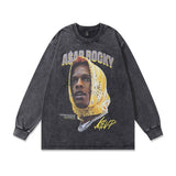 Men Long Sleeve Shirt Portrait Printing Vintage Distressed Long Sleeve Bottoming T-shirt for Men and Women