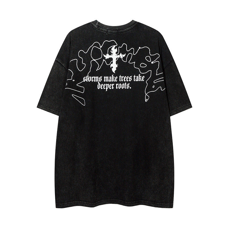 Men T Shirt Vintage Distressed Dark Portrait Wash Couple Short Sleeve T-shirt Men