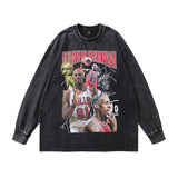 Men Long Sleeve Shirt Hip Hop Lodge Portrait Washed Long Sleeve T-shirt Men's and Women's Vintage Bottoming Shirt