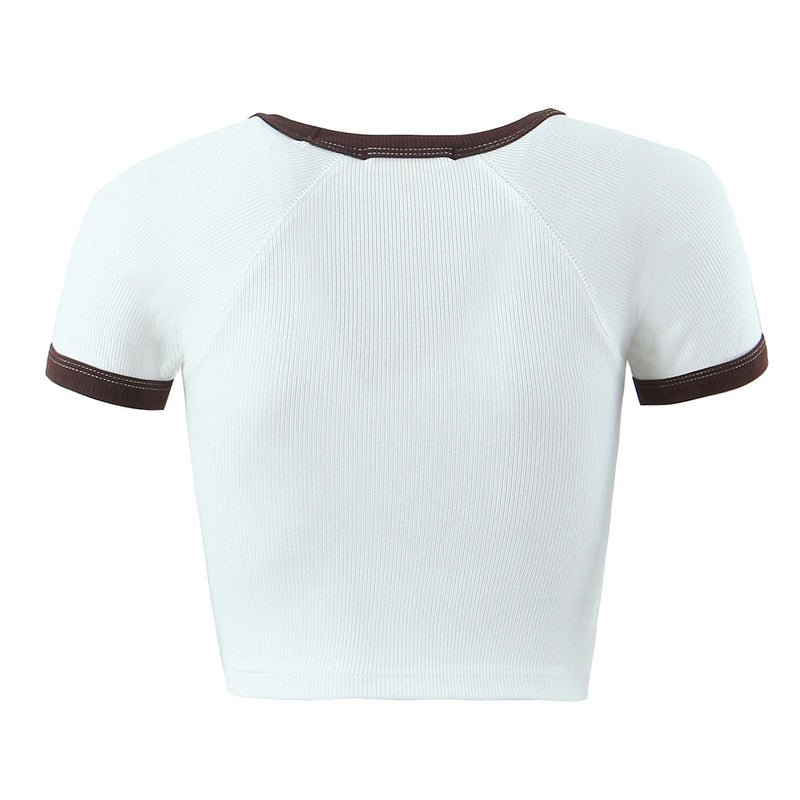 Women T-shirt Spring and Summer Women's Clothing Contrast Color Sleeves Short Top T-shirt