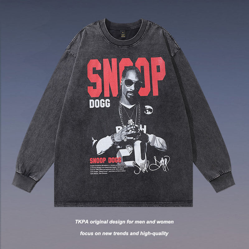 Men Long Sleeve Shirt Printed Washed Distressed Long Sleeve T-shirt Men and Women Vintage