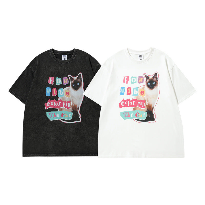 Men T Shirt Vintage Vibe Printed Distressed Couple Short Sleeve T-shirt Men and Women