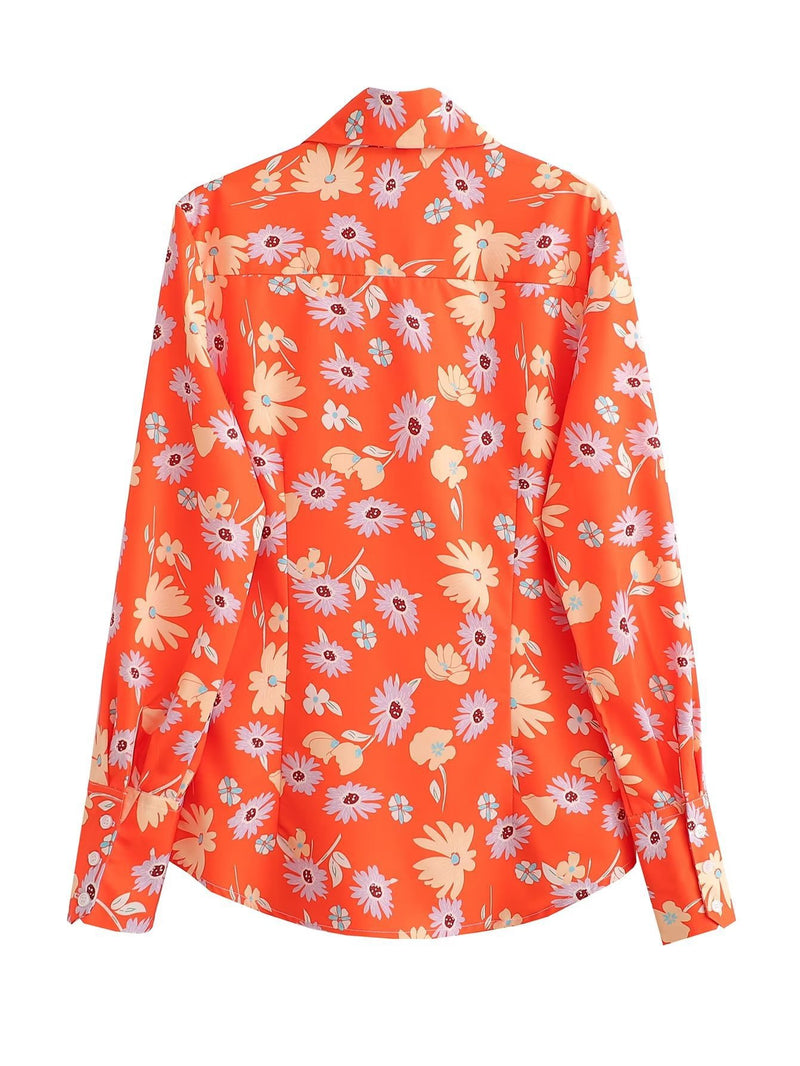 Women T-Shirt Summer Women's Orange Long Sleeve Printed Shirt