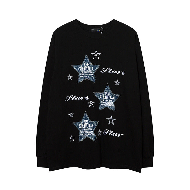 Men Long Sleeve Shirt Denim Embroidered Patch Long Sleeve Bottoming T-shirt Men and Women Couple