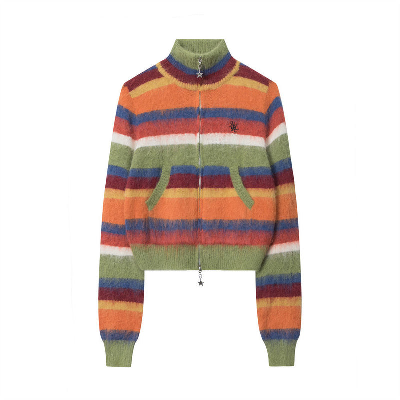 Women Sweater Colorful Striped Stand Collar Sweater Girls' Knitwear Autumn