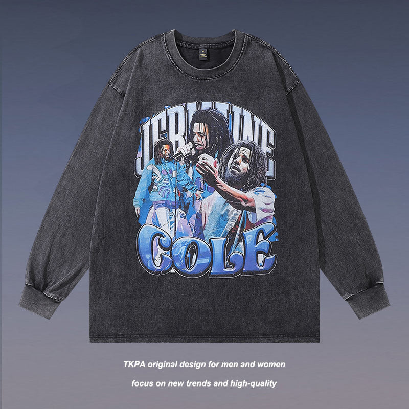 Men Long Sleeve Shirt Singing Portrait Printing Washed and Worn Long Sleeve Bottoming T-shirt for Men and Women