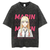 Vintage Black Washed Cotton Tees Shirts Anime Graphic