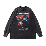 Men Long Sleeve Shirt Cartoon Printed Long-Sleeved T-shirt Men and Women Idle Style Vintage Distressed