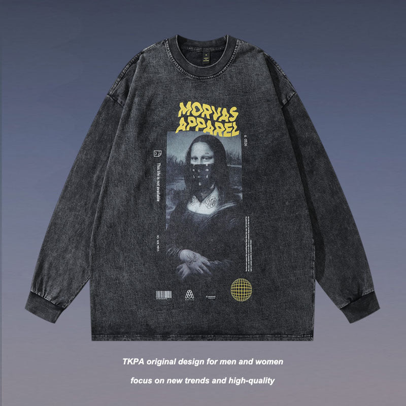 Men Long Sleeve Shirt Vintage Printed Distressed Long Sleeve T-shirt Men's Top