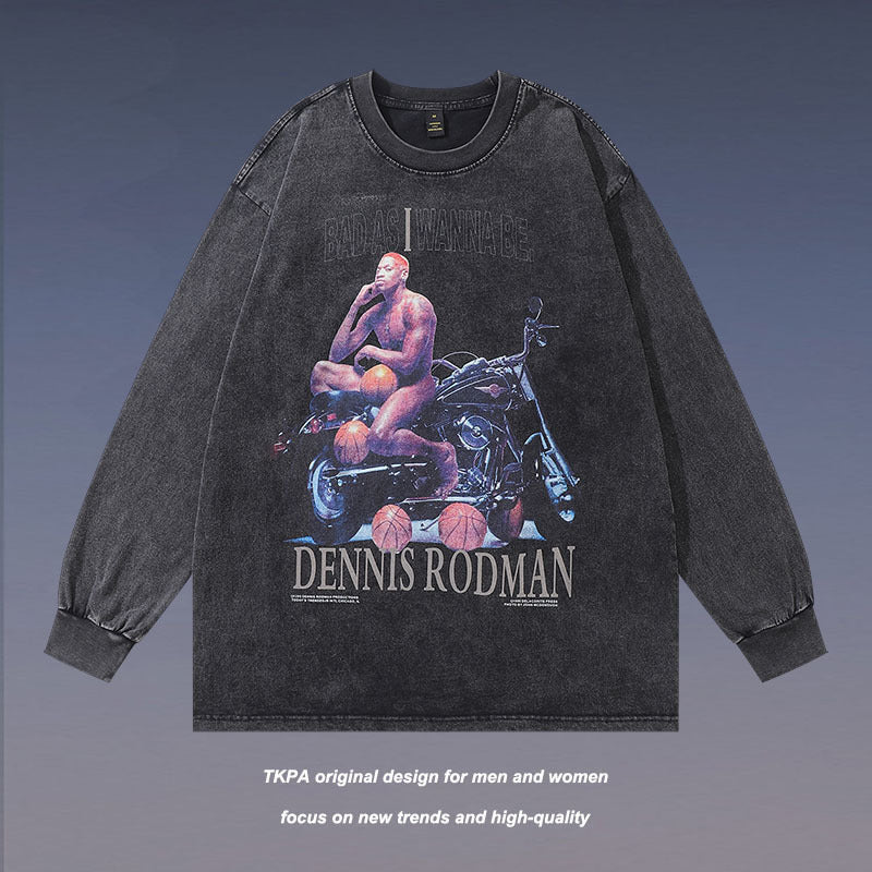 Men Long Sleeve Shirt Retro Washed Distressed Long Sleeve Bottoming T-shirt for Men and Women