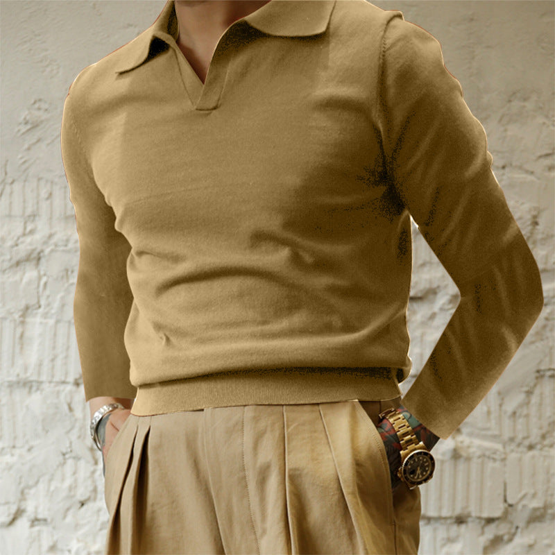 Men Sweater Men's Polo Shirt Casual Long Sleeve Solid Color Knitted