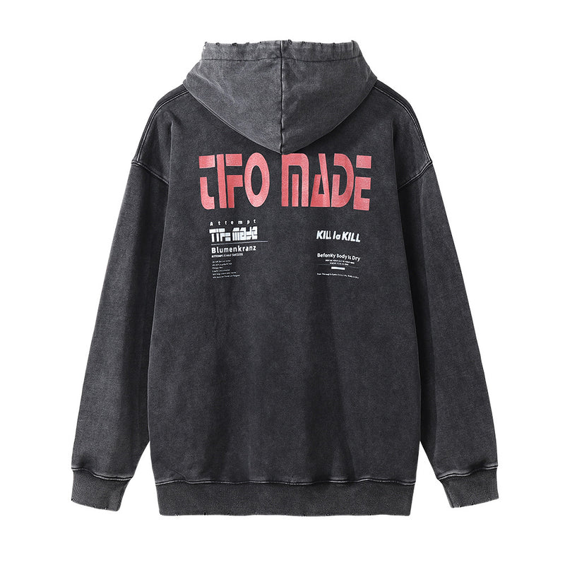 Men Hoodie Printed Hoodie Men's Loose Casual Ripped Distressed Pullover Top