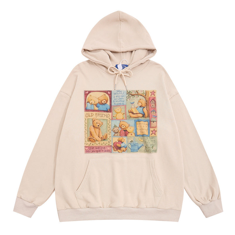 Men Hoodie Cartoon Bear Printed Pullover Hoodie
