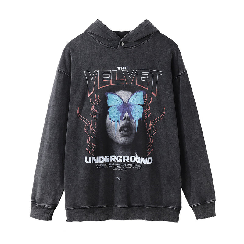 Men Hoodie Dark Character Printed Hoodie Washed Make Old Ripped Loose Hoodie