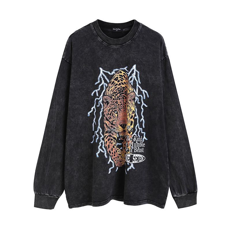 Men Long Sleeve Shirt Printed Washed Long Sleeve Bottoming T-shirt Men and Women Vintage