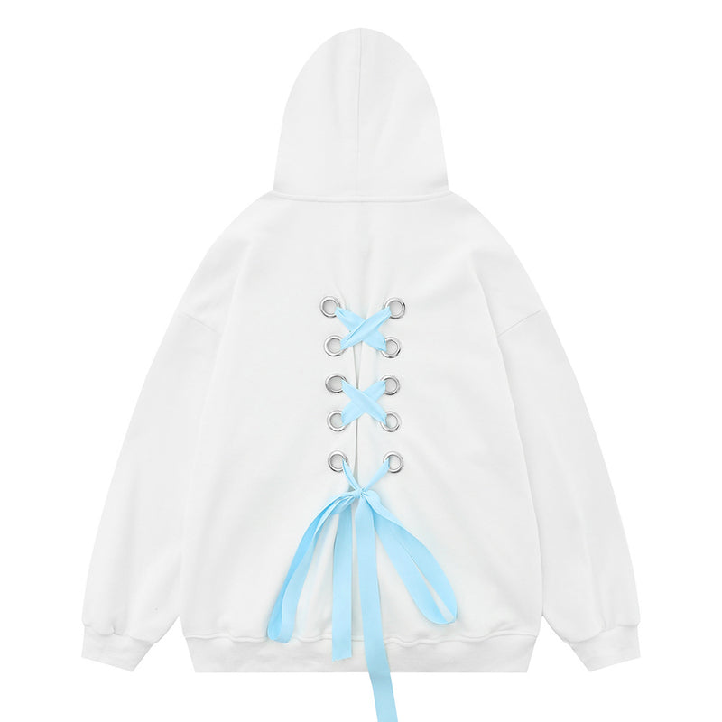 Men Hoodie Bow Bandage Hooded Coat Butterfly Print Cardigan Sweater Spring and Autumn