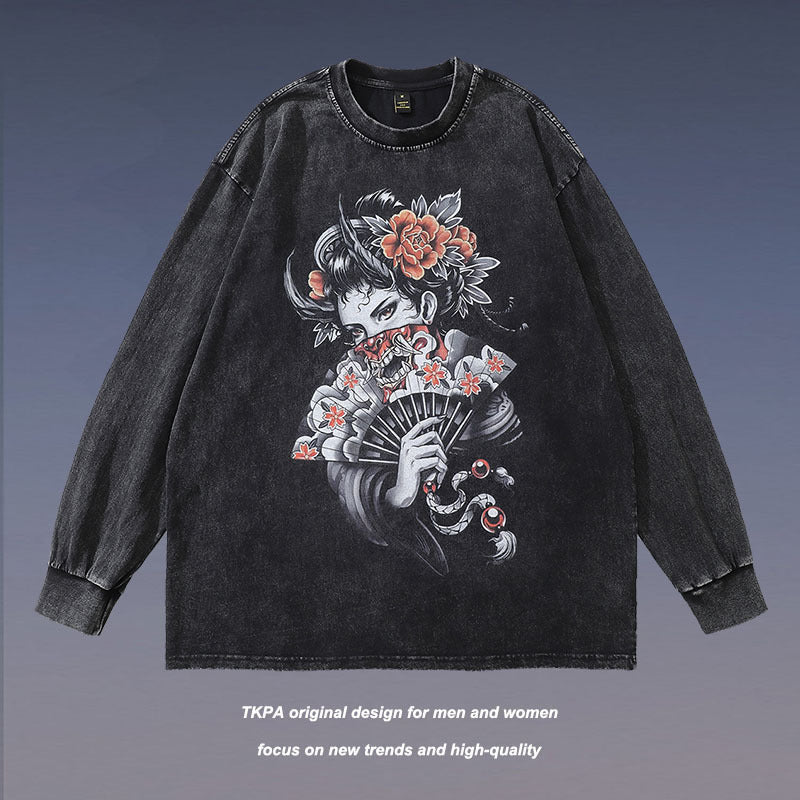 Men Long Sleeve Shirt Ukiyo-E Vintage Long Sleeve T-shirt Men and Women Oversize Washed Distressed