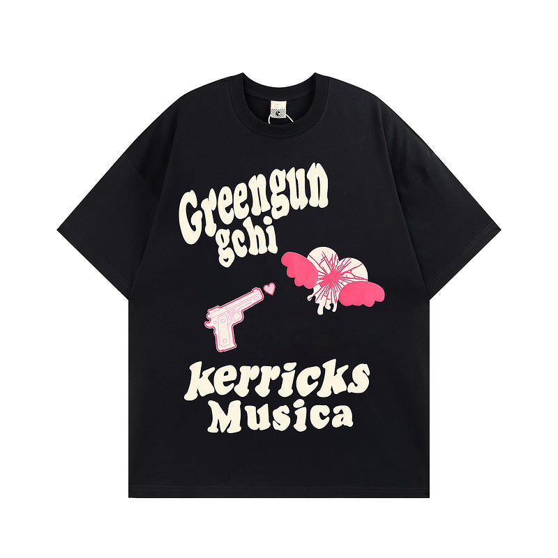 Men T Shirt Retro Alphabet Puff Print Short-Sleeved T-shirt Men's Loose Couple