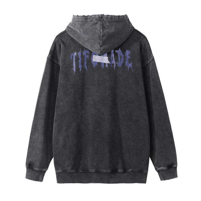 Men Hoodie Print Hooded Pullover Male Loose Wash Distressed