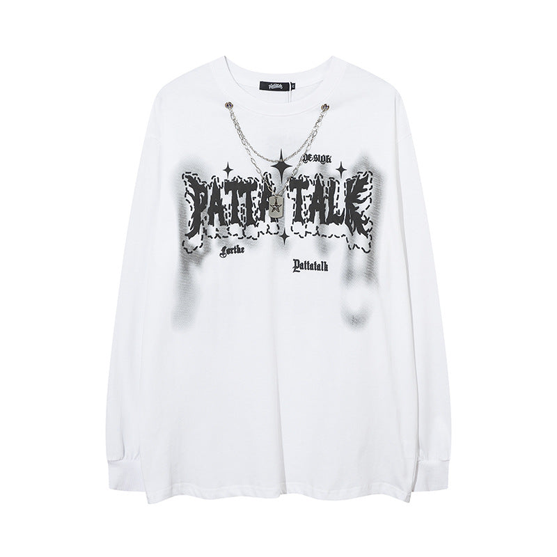 Men Long Sleeve Shirt Gothic Letter Puff Print Couple Long Sleeve T-shirt