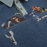 Men's Long Sleeve T Shirt Animal Cartoon Embroidered Denim Polo Shirt Men's Loose Long Sleeve Shirt