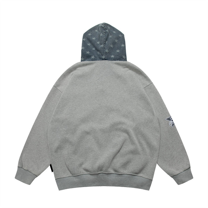Men Fleece Lined Hoodie Cowboy Patchwork Hoodie Male Letter Five-Pointed Star Hat Loose